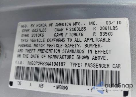 2010 Honda Accord 2.4 Ex-L from USA, damaged, VIN 1HGCP2F83AA104187